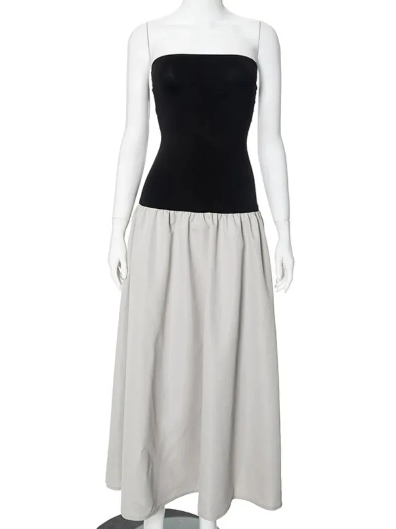 Aiertu  -  Woman Clothing Vintage Strapless Print Patchwork A-line Holiday Dress Female Sexy Sleeveless Black Long Party Evening Dresses Aiertu