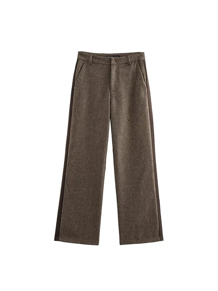 Aiertu  Women Fashion Brown Front Zipper Straight Pants Vintage Mid Waist Full Length Female Chic Lady Trousers Aiertu