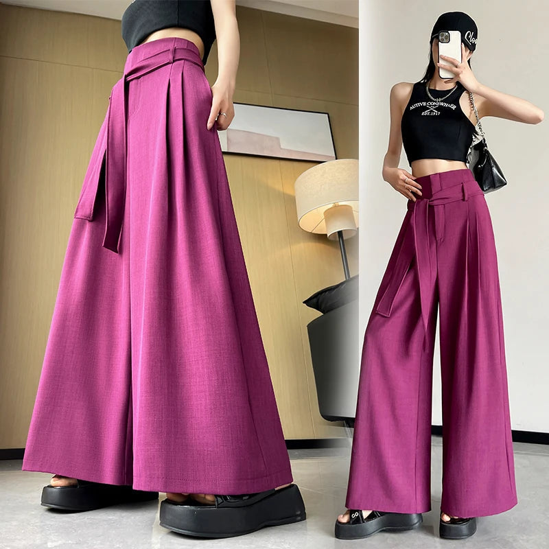 Aiertu  -  Fashion Women Wide Leg Pants Thin Summer High Waist Solid Color Trousers Ladies Elegant Lace-up  Drape Temperament Street Pants Aiertu