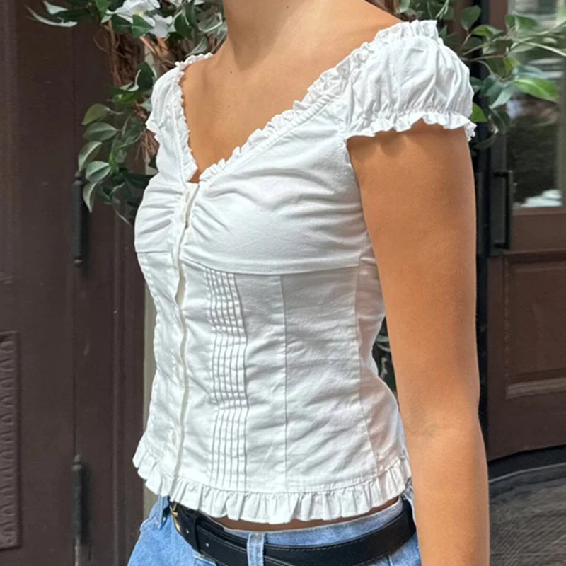Aiertu  Preppy Button Down Blouse Tops Y2k Vintage Cap Sleeve Women T-shirt 00s Aesthetic Fairy Frill V Neck Crop Tops Milkmaid Vest Aiertu