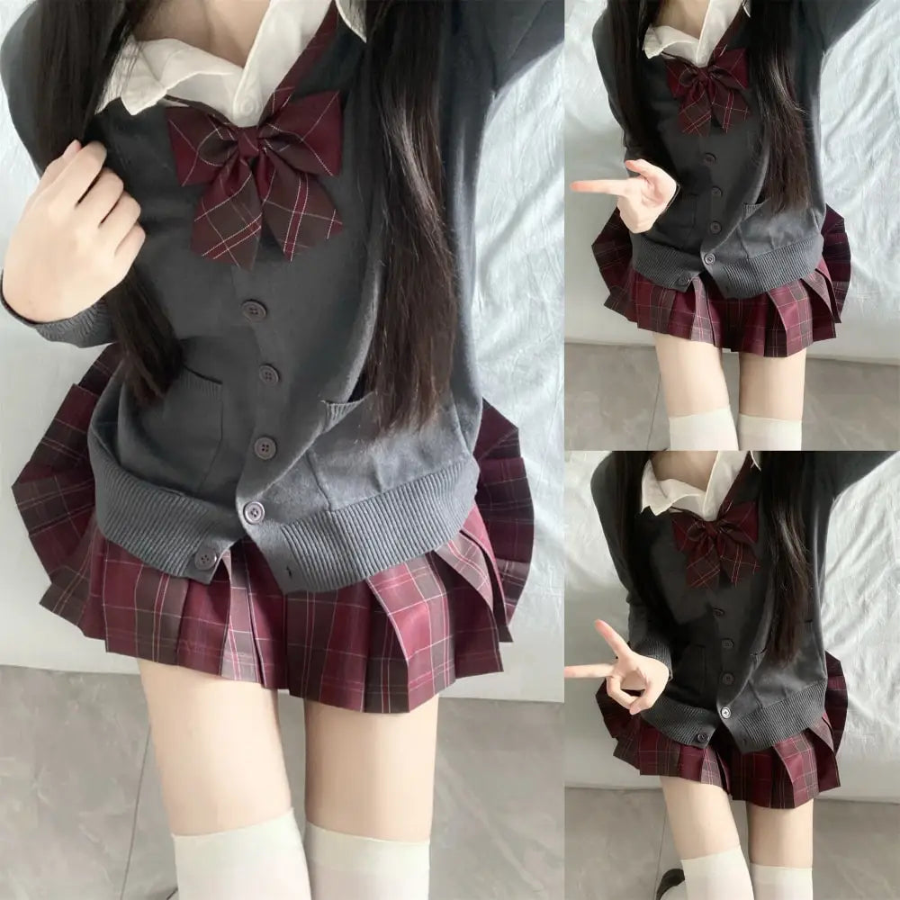 Aiertu 3Pc Set Japanese Korean School Uniforms Multicolor Sweater&Plaid Pleat Skirt with Bow Jk Uniform Suit Graduation Costumes Women Aiertu