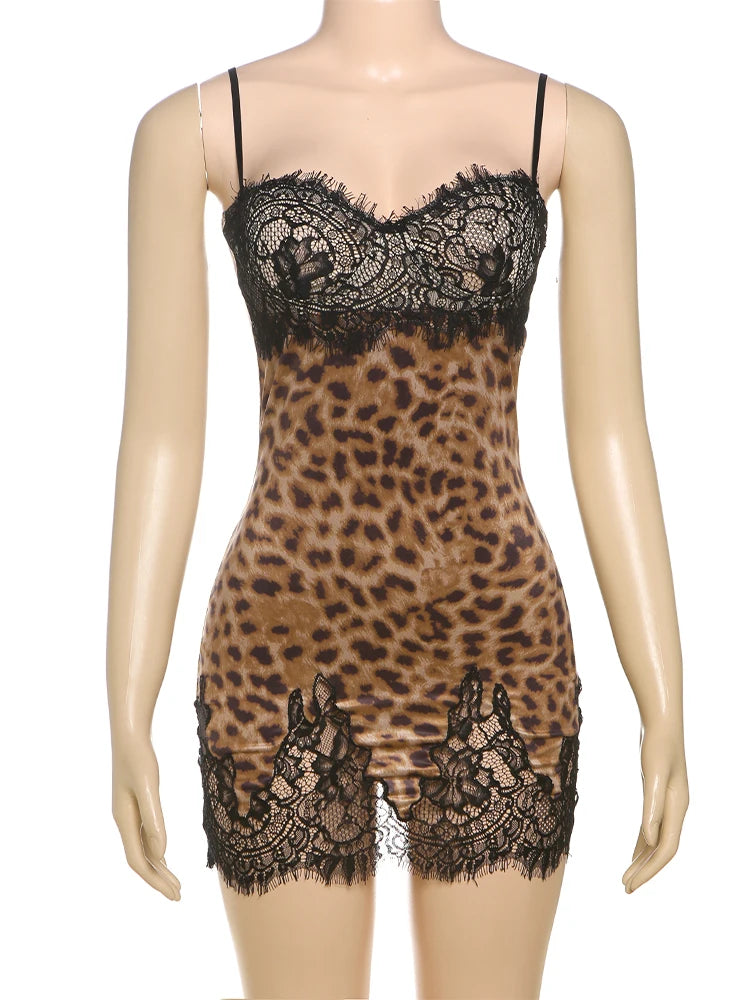 Aiertu  -  Women's Patchwork Coquette Lace Women Mini Dress Sexy Hot Suspendency Backless Slim Frock Mujer Leopard Midnight Vestido Aiertu