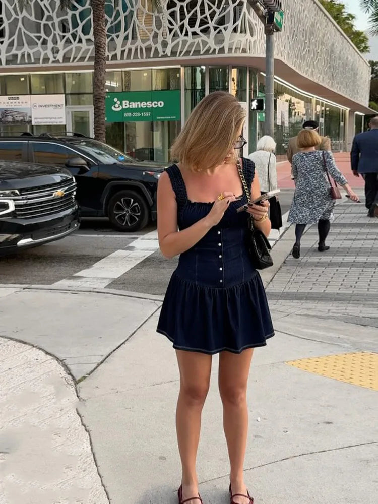 Aiertu  -  Denim Halter Short Dress Cowboy Pleated Flower Bud Slim Fit Sexy Waist Cinching Suspender Women Square Collar Camisole Dresses Aiertu