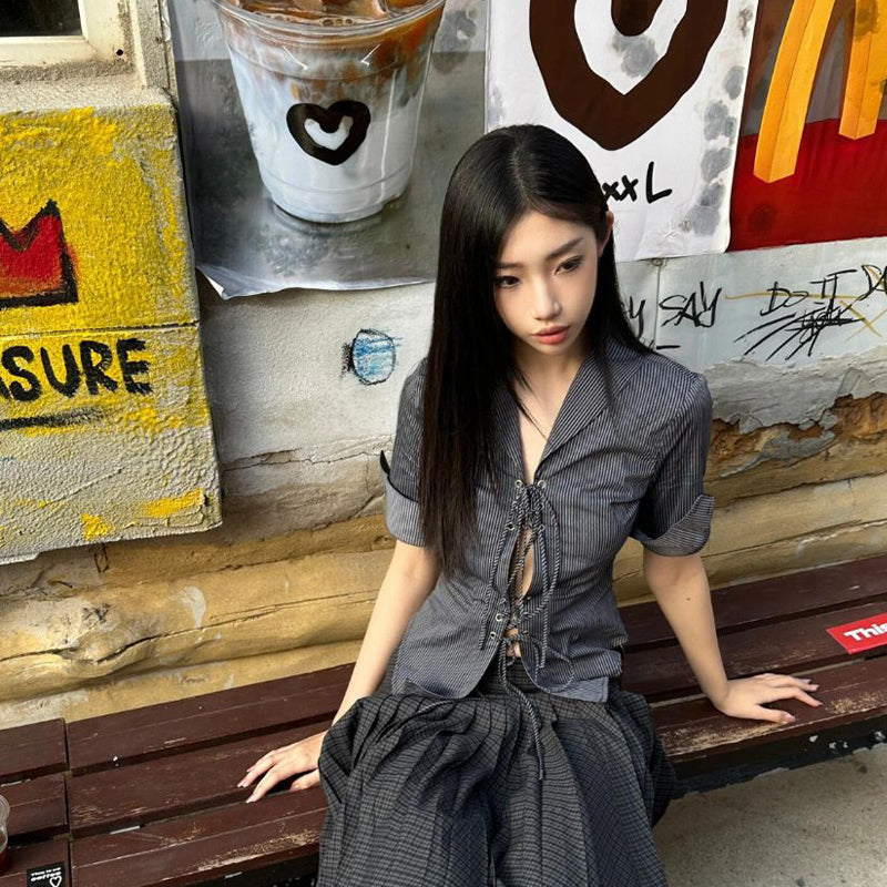 Aiertu Vintage Cropped Striped Shirts Women Y2K Aesthetic Sexy Hollow Out Bandage Blouses Summer Harajuku Korean Slim Tops New Aiertu