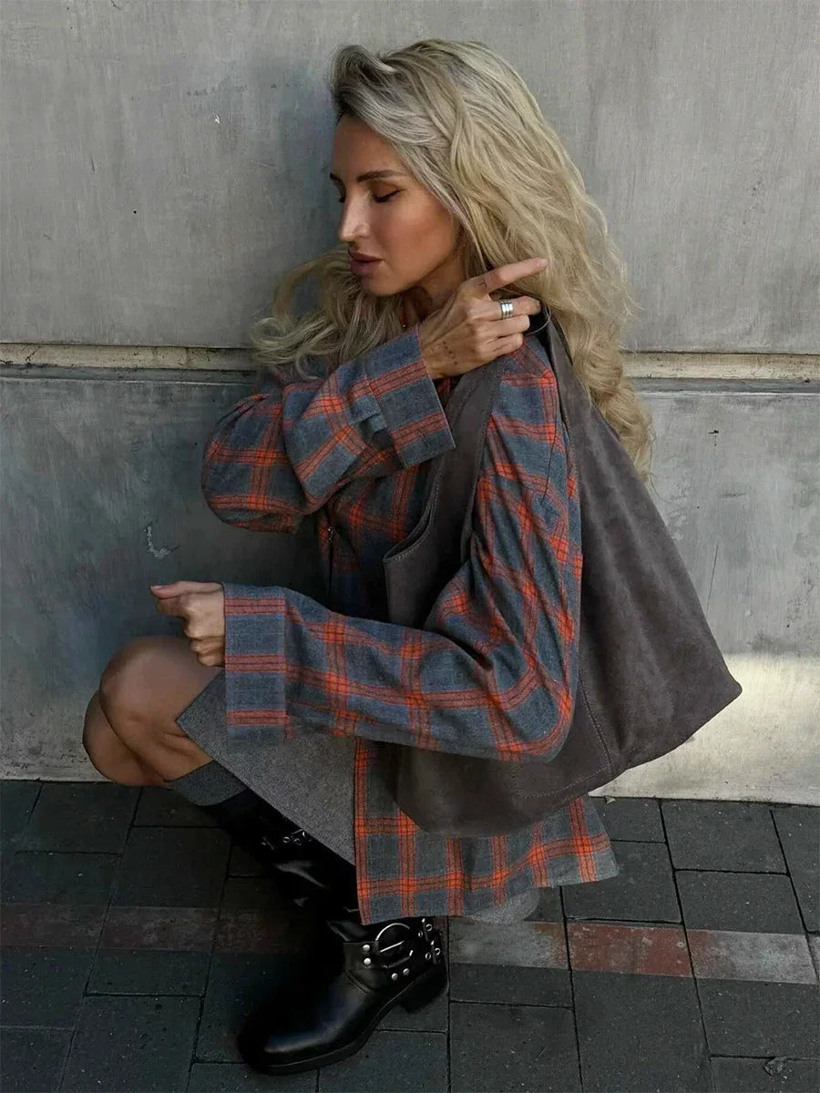 Aiertu  -   Vintage Loose Plaid Women'S Shirt Fashion Lapel Long Sleeve Office Lady Shirts and Blouses Tops Female Clothing New Aiertu