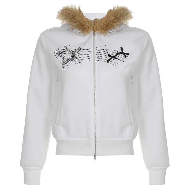 Aiertu  -  casual winter outfits Y2K Furry Hoodies Women Fashion Star Rhinestone Bow Patchwork Zipper Jacket Harajuku Grunge Hooded Coat Korean Girl Aiertu