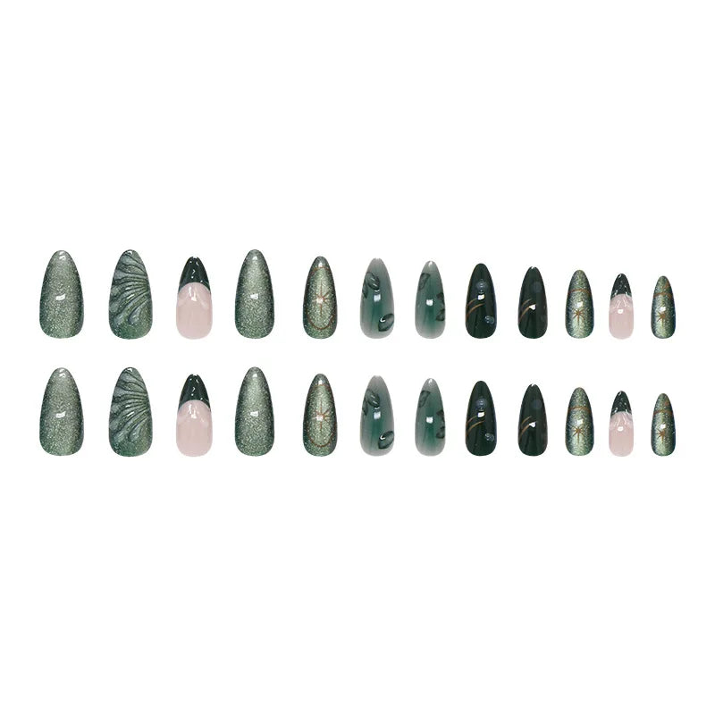 Aiertu  -  24PCS Green Cat Eye Press on Nails 3D Ripples with Stars Design French Fake Nails for Women Acrylic Patch Wearable Nail Tips Art Aiertu