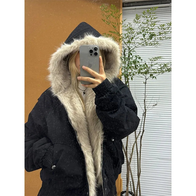Aiertu  -  American Retro Fur Collar Hooded Jacket Women Y2K Streetwear Winter New Velvet Thickened Warm Harajuku Loose Casual Jacket Aiertu