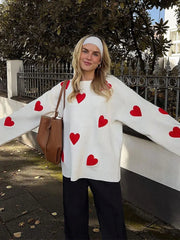 Aiertu  -  Love Heart Printed Knitted Sweater Pullover Tops Fashion O Neck Thickened Long-sleeved Sweaters Women Oversized Street Jumper Aiertu