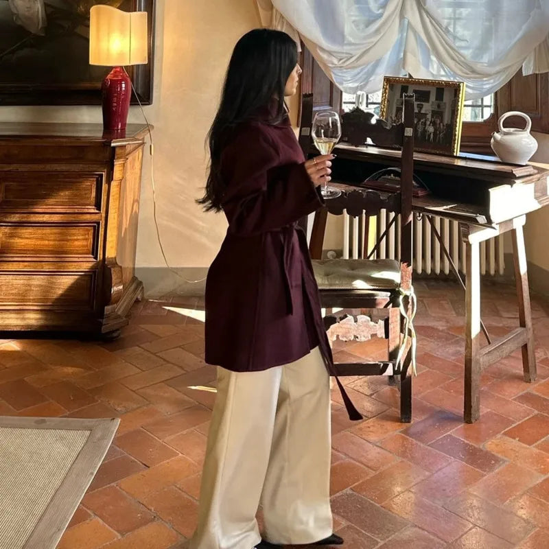 Aiertu  -  Elegant Burgundy Belt Stand Collar Jacket Women Fashion Long Sleeve Button Wool Blend Coats Chic High Street Lady Long Outwears Aiertu
