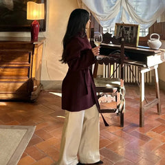 Aiertu  -  Elegant Burgundy Belt Stand Collar Jacket Women Fashion Long Sleeve Button Wool Blend Coats Chic High Street Lady Long Outwears Aiertu
