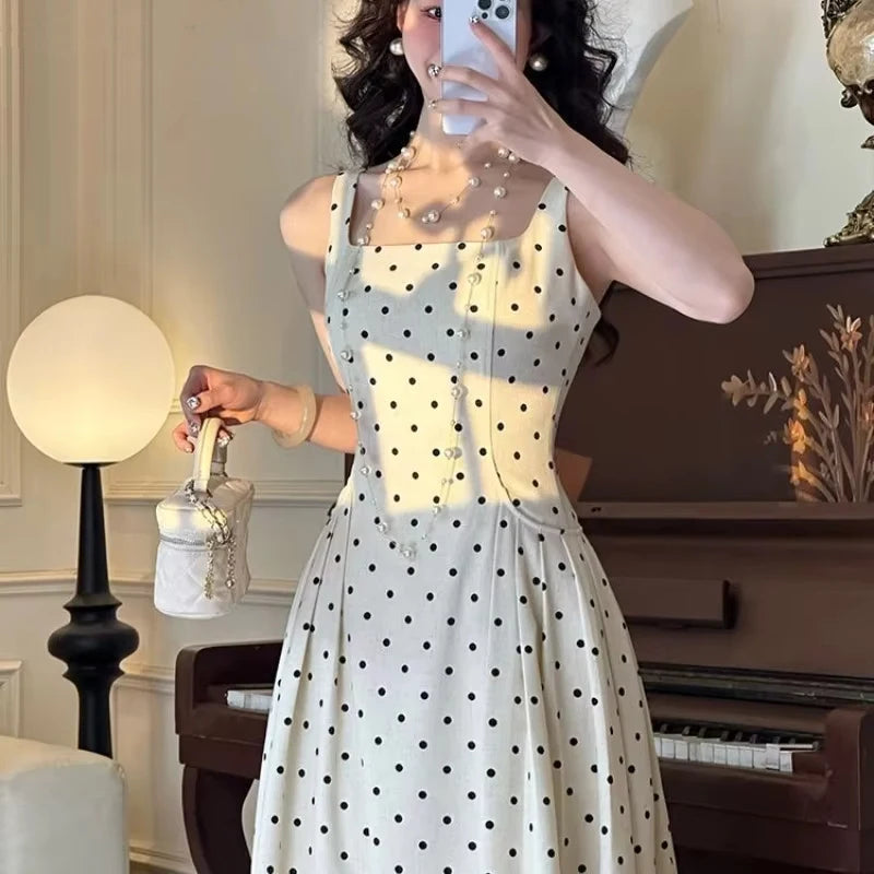 Aiertu  -  Vintage Polka Dots Midi Dress Women Party Elegant Print Straps Dresses Summer Korean Square Collar Bodycon A Line Vestidos Aiertu