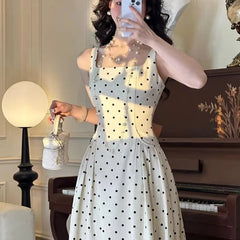 Aiertu  -  Vintage Polka Dots Midi Dress Women Party Elegant Print Straps Dresses Summer Korean Square Collar Bodycon A Line Vestidos Aiertu