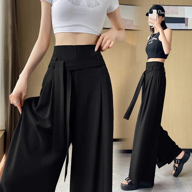 Aiertu  -  Fashion Women Wide Leg Pants Thin Summer High Waist Solid Color Trousers Ladies Elegant Lace-up  Drape Temperament Street Pants Aiertu