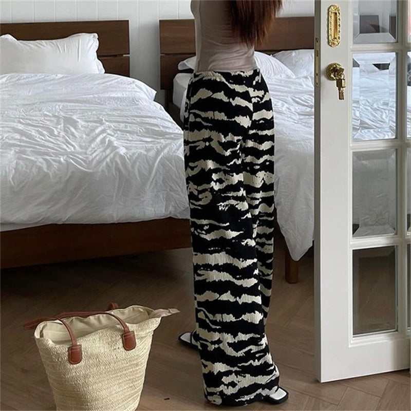 Aiertu  -  -Y2K Pants Women Zebra Print Knit Wide Leg Pants Streetwear Drawstring Elastic Straight Trousers Casual All Match Chic Outfits Aiertu