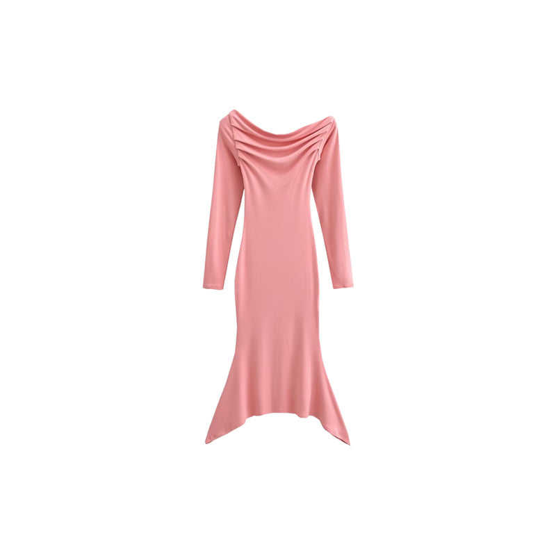 Aiertu Solid Color Slim Off The Shoulder Long Sleeve Dress Aiertu