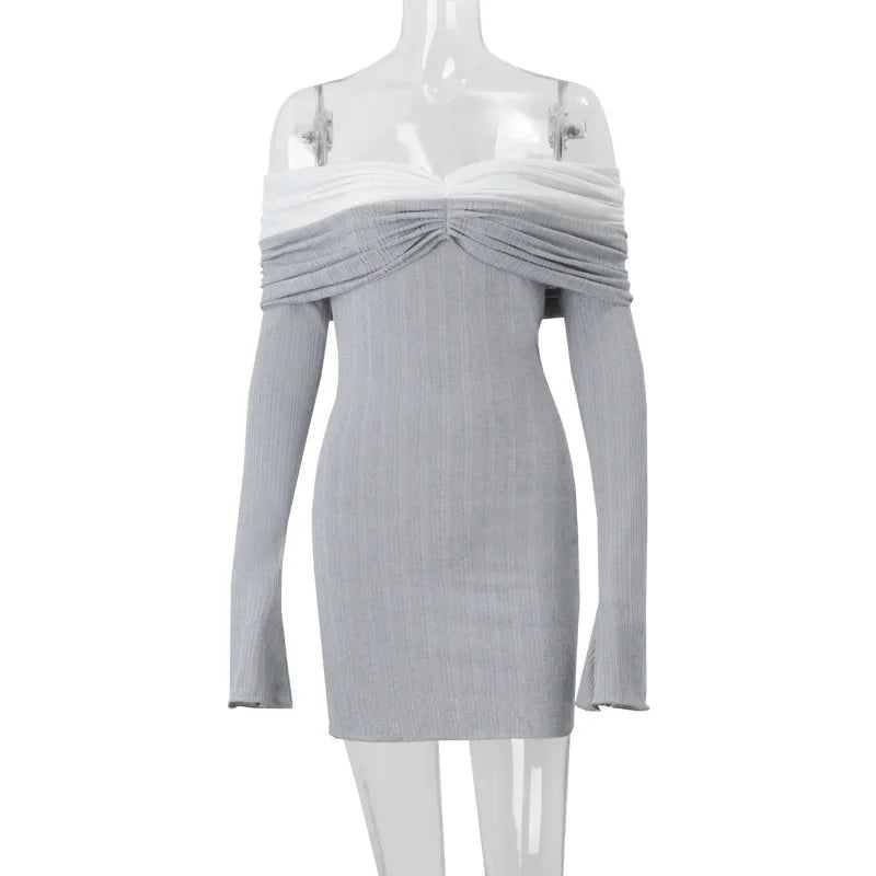 Aiertu  -  Sexy One-Shoulder Color Block Knitted Dress Female Long-Sleeved Slim Thin Sweater Mini Dress Backless Party Club Outfits Aiertu