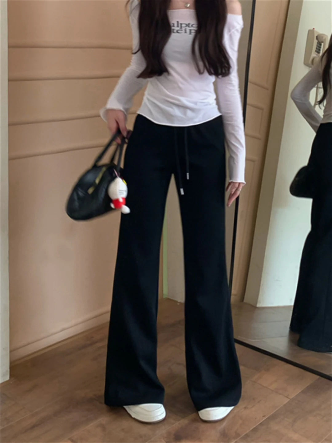 Aiertu  American Retro Casual Streetwear High Waist Wide Leg Pants Women Vintage Elegant Sexy Solid Slim Yoga Trousers Aiertu