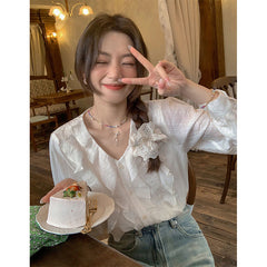 Aiertu Sweet Ruffles Shirts Women Korean Pink V Neck Long Sleeve Blouses Summer Ladies Fashion Elegant Loose Casual Chic Tops New Aiertu
