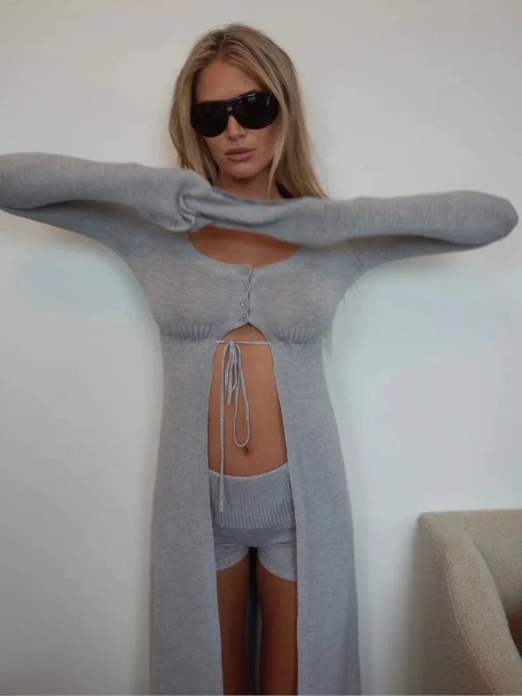 Aiertu  -  Fashion Vacation Summer Outfits 2pc Lace-up Knit Long Cardigan Top And Tight Shorts Set Spring Chic Sexy Beach Tees Pant Set New Aiertu