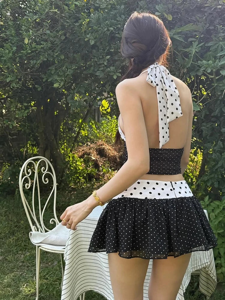 Aiertu  -  Puss Patchwork 2-Piece Set Women Y2K Polka Dot Print Halter Backless v-Neck Tank Tops + Folds Skirts Summer Matching Suit Aiertu