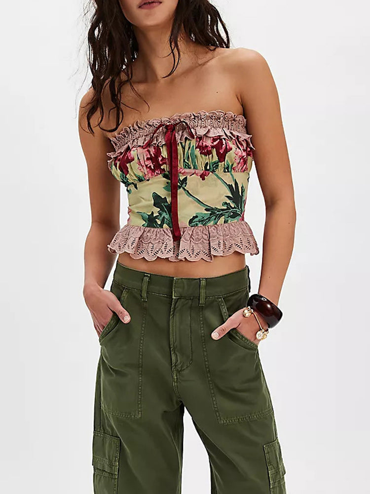 Aiertu  Vintage Printed Ruffles Tube Top Women Sexy Sleeveless Slim Print Lace Bow Patchwork Cropped Tops Lady Summer Chic Streetwear Aiertu