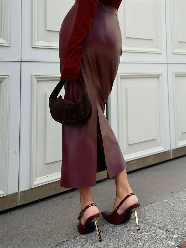 Aiertu  -   PU Fashion High Waist Female Long Skirt Casual Solid High Waist Vintage Streetwear Y2k Maxi Skirt Commute Clothes Autumn Aiertu