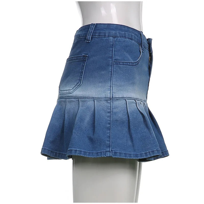 Aiertu  -  Fashion Denim Pleated Skirt Women High Waist Button Zipper Pocket Ruffle A-line Mini Skirts Female 2025 Spring Summer Lady Skirt Aiertu