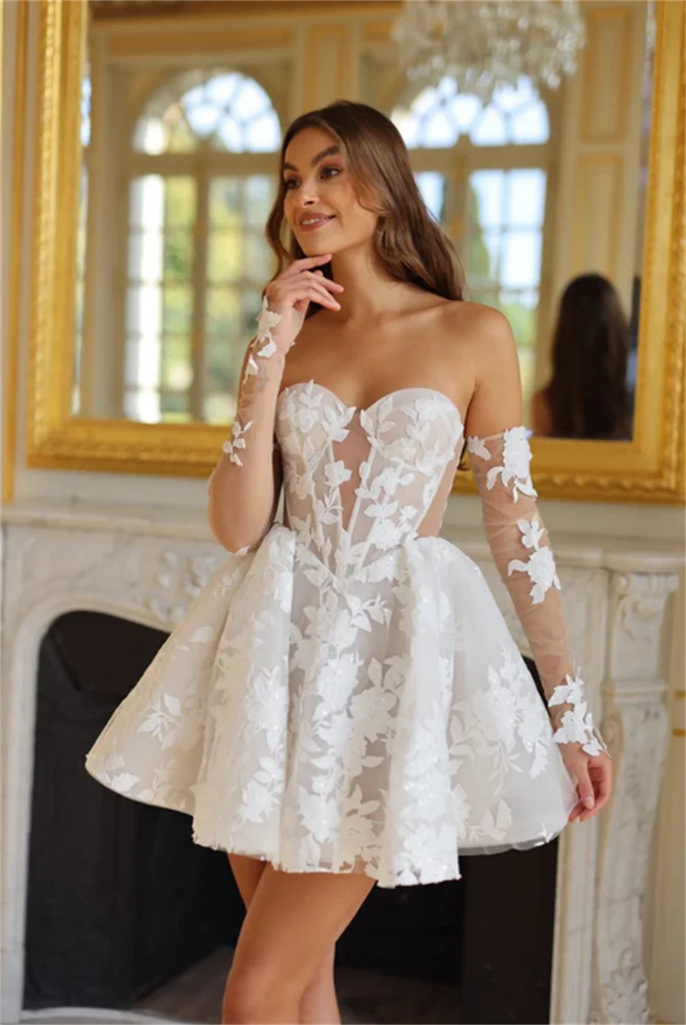 Aiertu  -  Popular Detachable Full Sleeves Sweetheart Full lace Applique Bridal Grown Short Wedding Dresses Custom Made Formal 2025 Vestido Aiertu