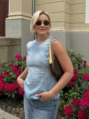 Aiertu  -  Sexy Denim Backless Lace Up Vest Women Slim O-neck Sleeveless Spliced Female Waistcoat Summer Lady Chic Casual Streetwear Aiertu
