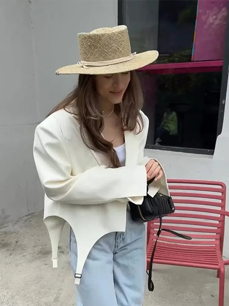 Aiertu  -  Fashion White Irregular Suit Jacket For Women Elegant Lapel Long Sleeve Short Blazer Coat 2026 Chic Lady Street Outerwear Aiertu