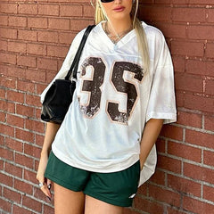 Aiertu  -  Summer Digital Print Contrasting Color V-neck Hollow Sports Pullover T-shirt Loose Large Size Casual Fashion Top Female Aiertu