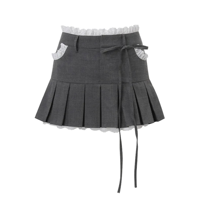 Aiertu  -  Lace Trim Low Waist Pleated Skirt Women Y2k Cutecore A-line Mini Skirts Kawaii Girls P33-DZ19 Aiertu