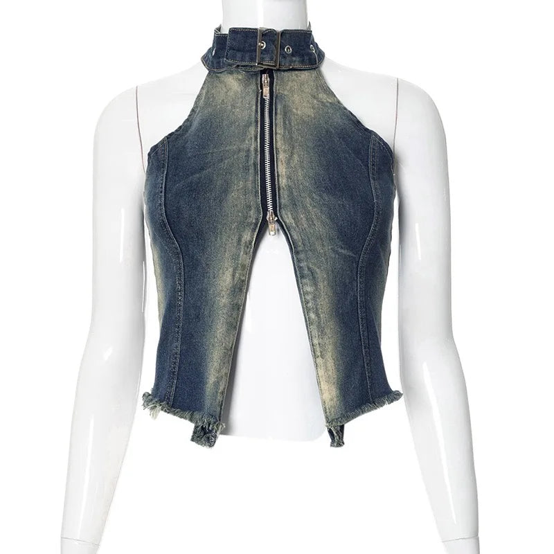 Aiertu  -  Halter Belt Sleeveless Blue Bodysuit Zipper Backless Worn Out Denim Camisole Crop Top Fashion Summer Club Wear Aiertu