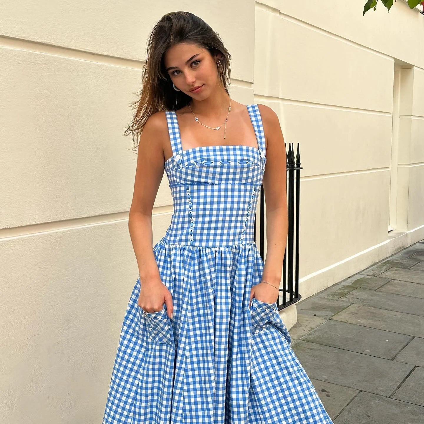 Aiertu  -  Elegant and Beautiful Women Dresses 2026 Summer Spaghetti Strap Long Plaid Dress with Pocket Female Vacation Dress Aiertu