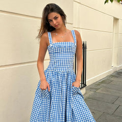 Aiertu  -  Elegant and Beautiful Women Dresses 2026 Summer Spaghetti Strap Long Plaid Dress with Pocket Female Vacation Dress Aiertu