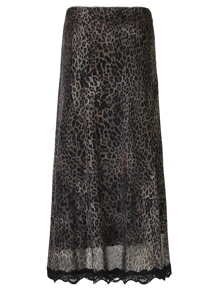 Aiertu - summer inspo Retro Brown Leopard Y2K Long Skirts Women Lace Trim Hem Two Layers Mesh Vintage Aesthetic Elegant Fashion Women Clothing Aiertu