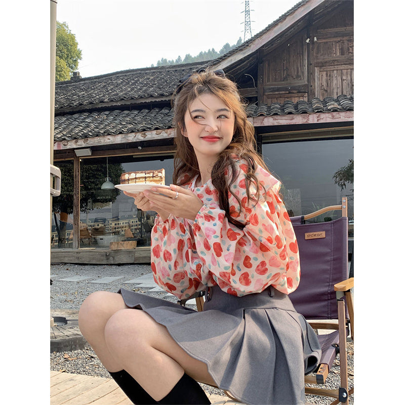 Aiertu Vintage Sweet Floral Shirts Women Cute Love Heart Print Peter Pan Collar Puff Long Sleeve Blouse Korean Preppy Casual Tops Aiertu