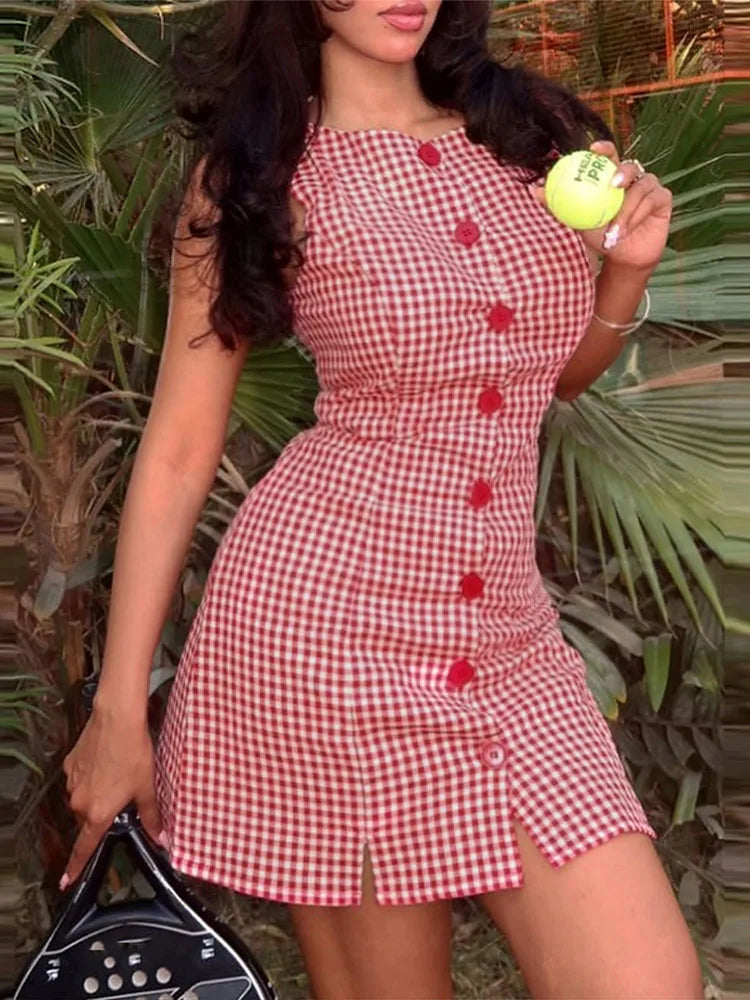 Aiertu  -  Round Neck Sleeveless Plaid Dress Woman Single Breasted Patchwork A-Line Short Dresses Casual Slim Women's Versatile Mini Dress Aiertu