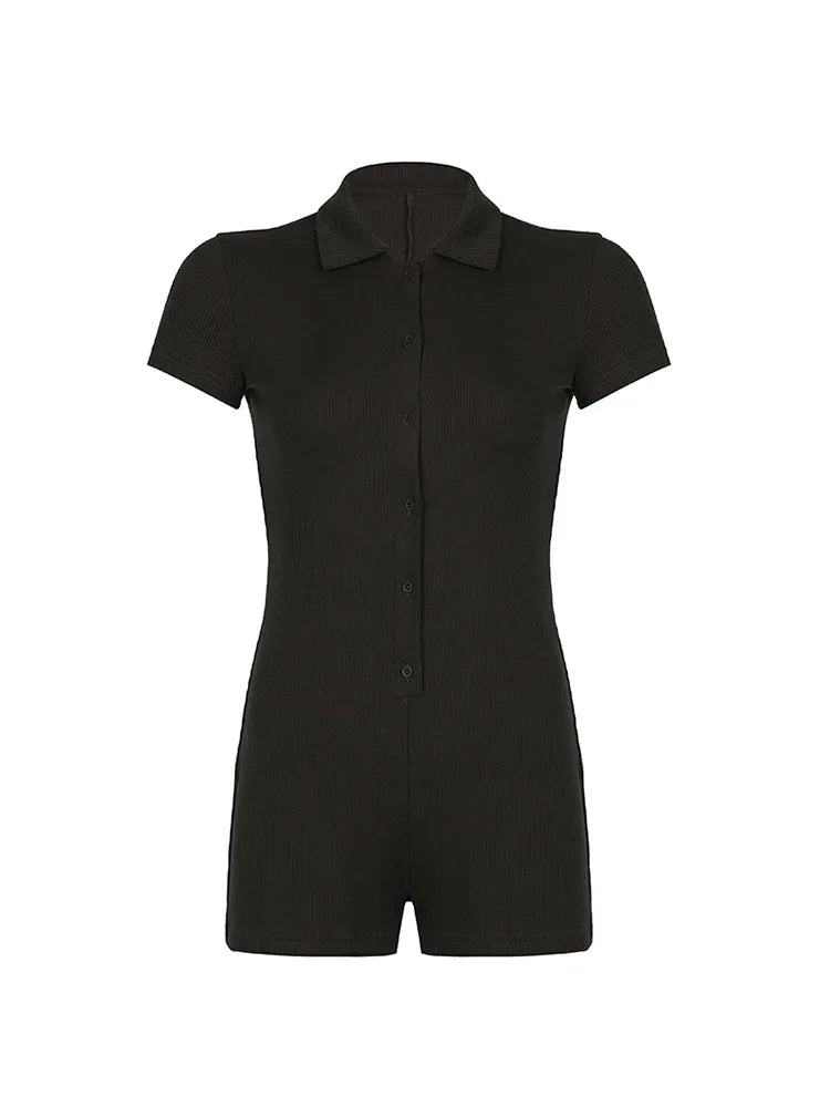 Aiertu  -  Solid Button Up Turn Down Collar Short Sleeve Slim Ribbed Rompers Womens Playsuit Basic Vintage Casual Summer Shirts Aiertu