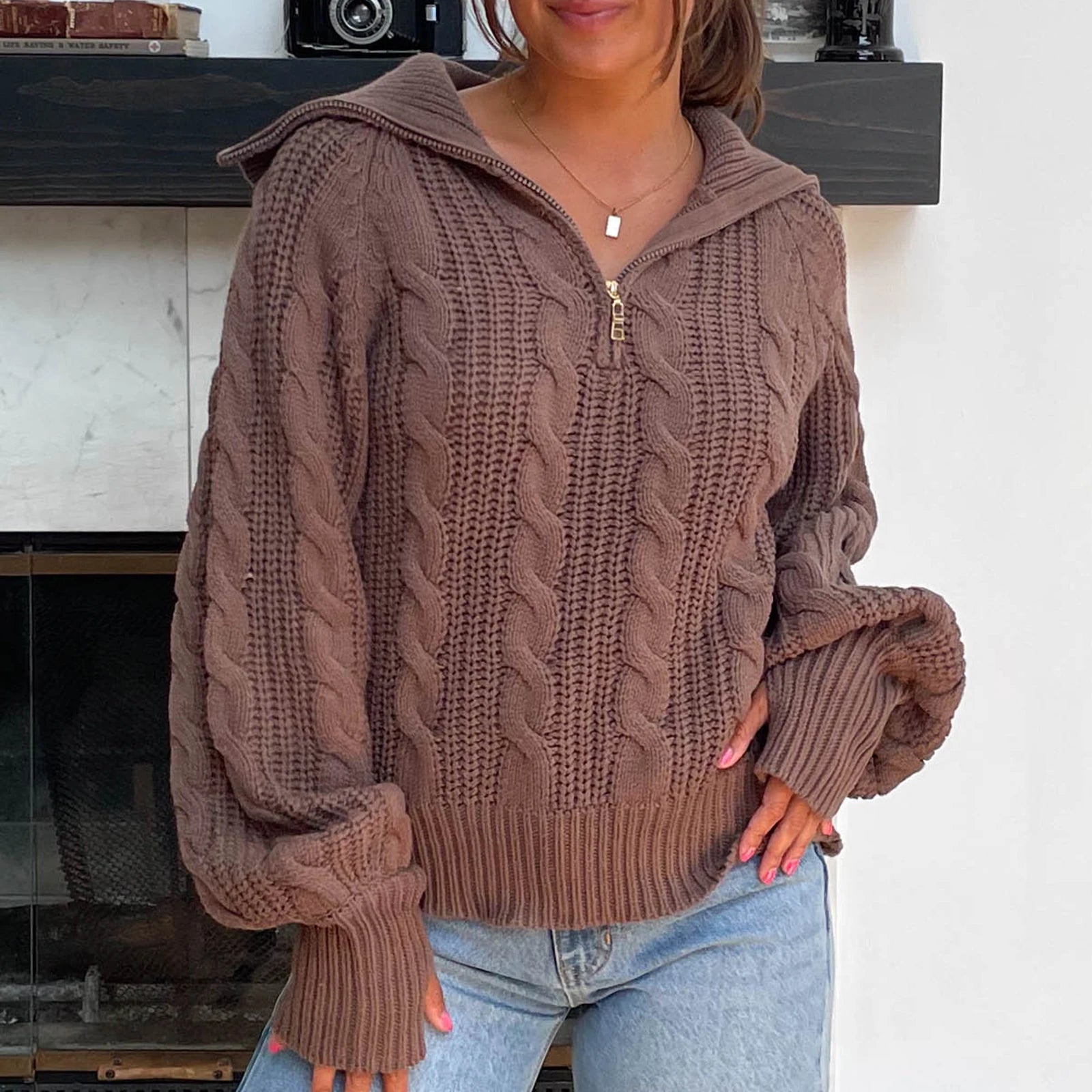 Aiertu  -  Women Cable Knit Chunky Sweater Comfy Long Sleeve Quarter Zip Knitted Pullover Fall Winter Trendy Half Zip Knitwea Aiertu