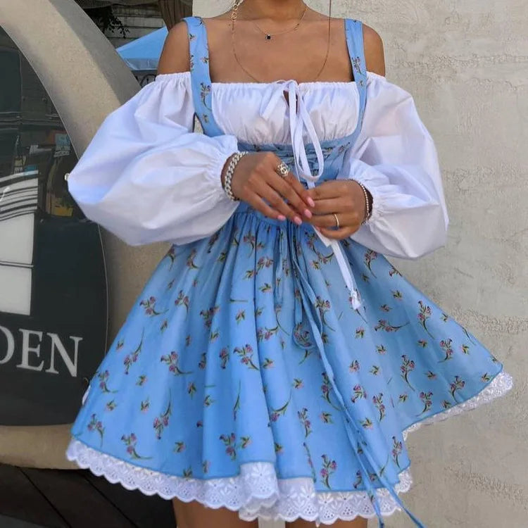 Aiertu  -  Puff Sleeve Suspender Dress Women Fake Two Pieces Flower Strapless Ruffles Splice Long Sleeve Lace Up Party Dress Summer Aiertu