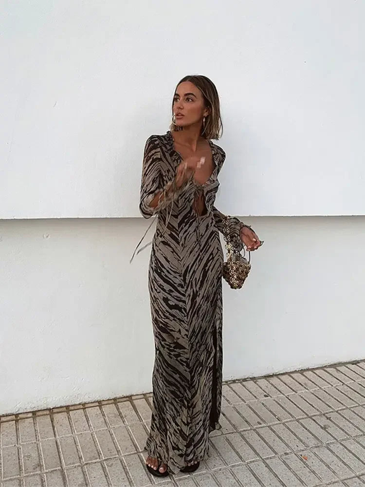 Aiertu     -  Fall Outfits 2026 Sexy Hollow Out V-neck Lace Up Party Dress Women Chic Striped Long Sleeve Split Midi Dresses 2026 Summer Lady Casual Club Gowns Aiertu