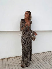 Aiertu     -  Fall Outfits 2026 Sexy Hollow Out V-neck Lace Up Party Dress Women Chic Striped Long Sleeve Split Midi Dresses 2026 Summer Lady Casual Club Gowns Aiertu