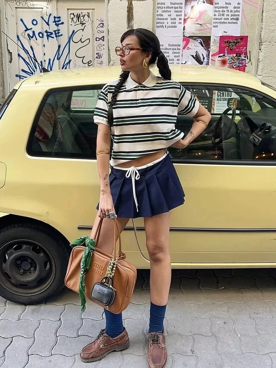 Aiertu  -  Striped Contrast Short Sleeve T-shirt Women Buttons Turndown Collar Tee Shirt Spring New Streetwear Vintage Chic Top Tees 2025 Aiertu