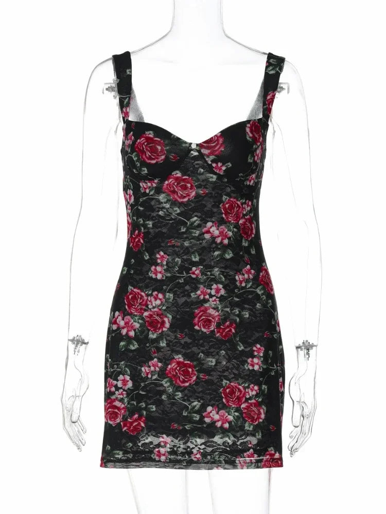 Aiertu  -  Fashion Sleeveless Floral Print Mesh Lace Dresses for Women 2026 Summer Spaghetti Strap Backless Bodycon Mini Party Club Dress Aiertu