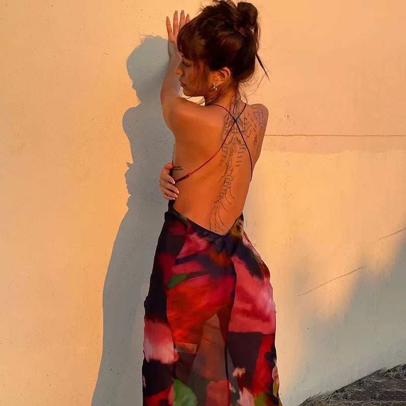 Aiertu  -  Spaghetti Strap Deep V Neck Lace Sleeveless Print Backless Maxi Hip Dress Spring Summer Y2K Street Trendsetter Vestidos Aiertu