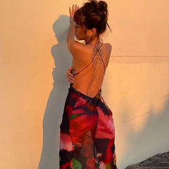 Aiertu  -  Spaghetti Strap Deep V Neck Lace Sleeveless Print Backless Maxi Hip Dress Spring Summer Y2K Street Trendsetter Vestidos Aiertu