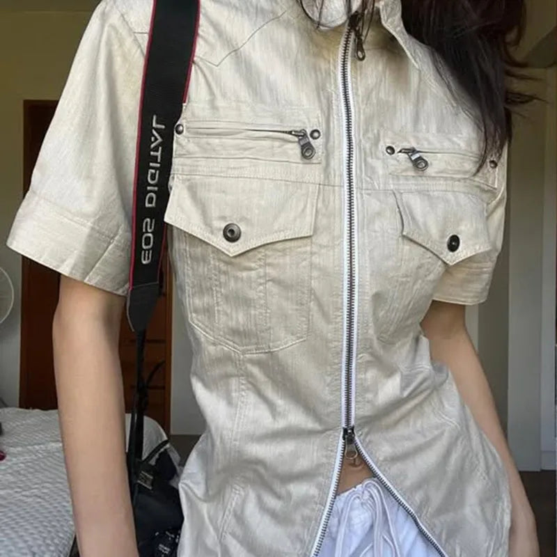 Aiertu  -  Pockets Zipper Short Sleeve Tops Y2k 2000s Style Shirts & Blouses for Woman Downtown Clothes P84-EE20 Aiertu