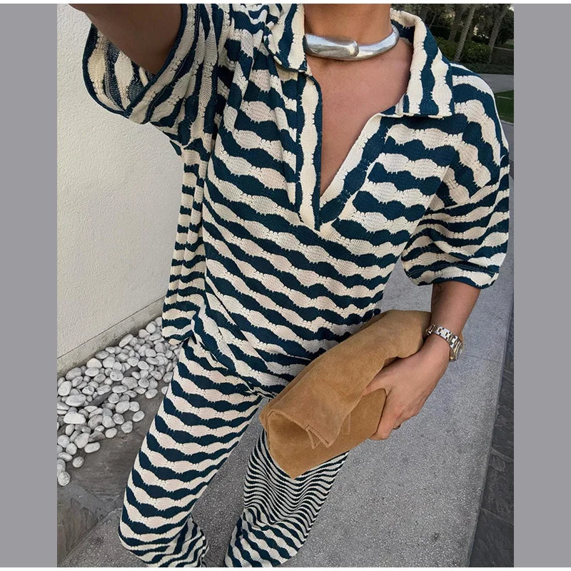 Aiertu  -  Stripe Pant Women's Suit Casual Laple Short Sleeve Tees Set Loose Waist Wide Leg Pants Female Set Summer Lady Street Outwears Aiertu